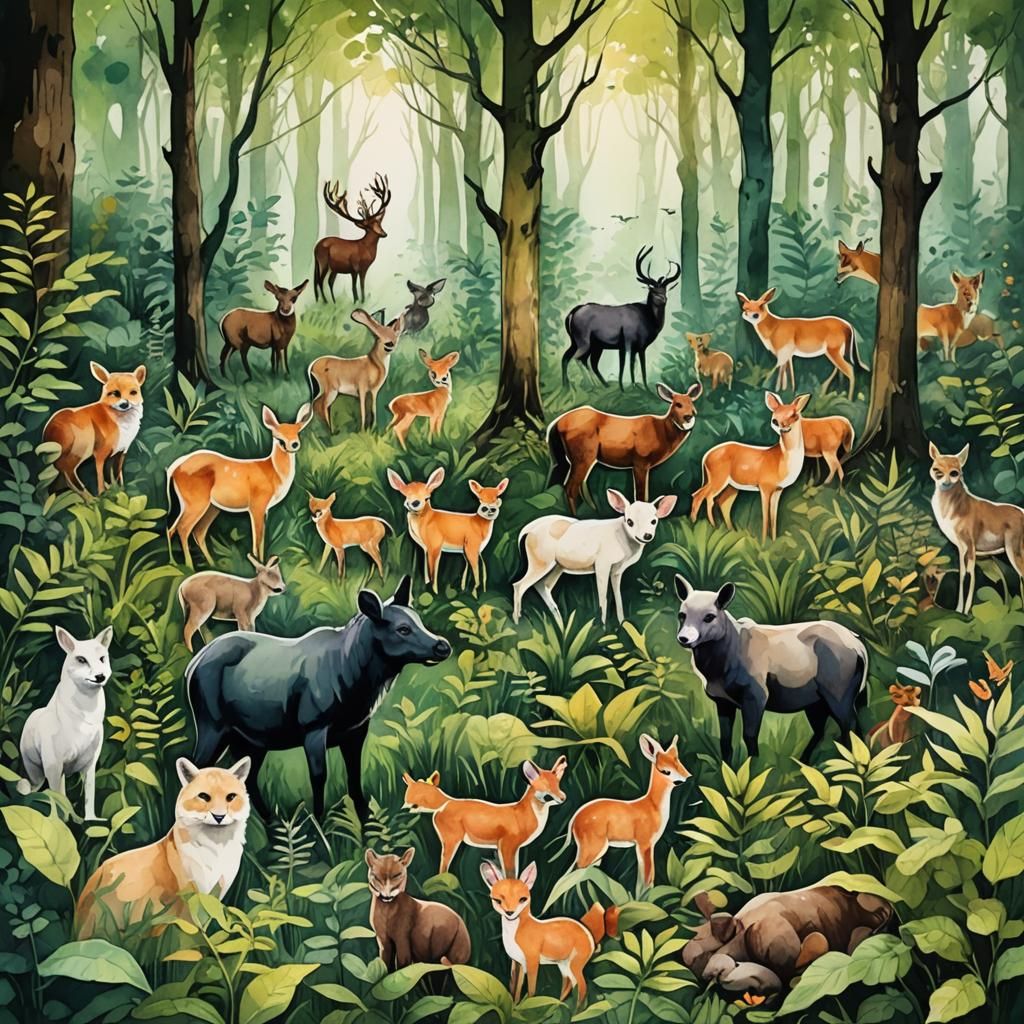 Colorful Animals in a Green Forest, Digital Art