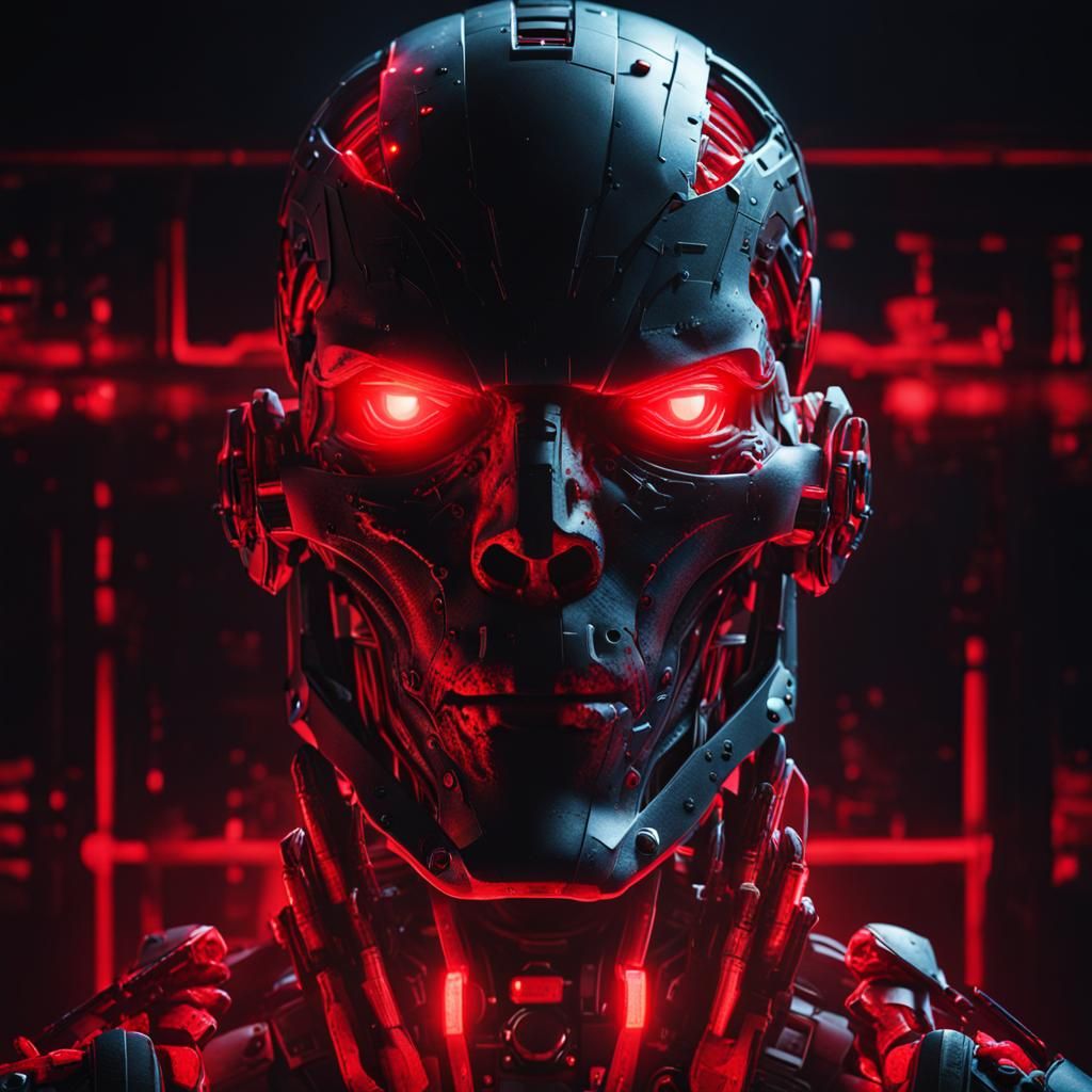 Ominous Red-Glow Cyborg in the Dark