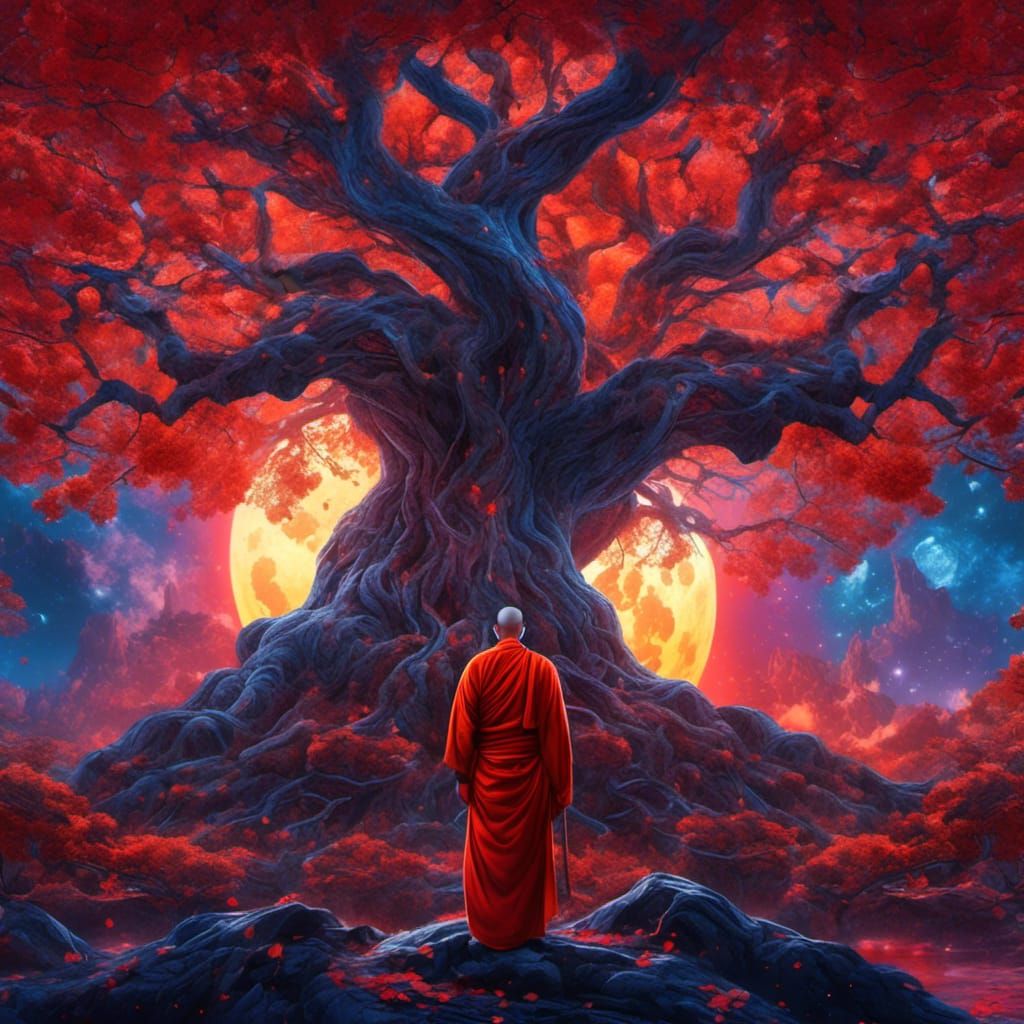 Monk Under Banyan Tree with Red Moon