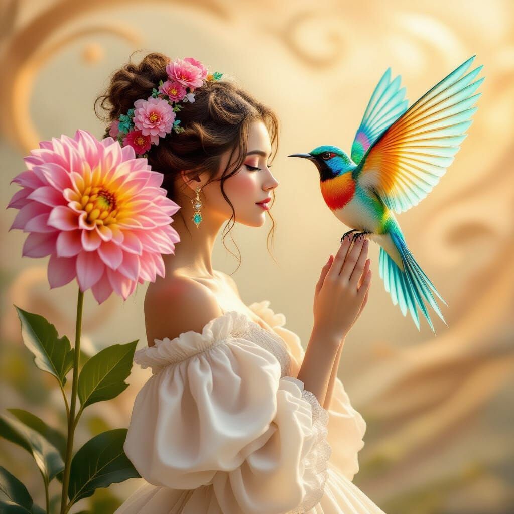 a young woman in profile view, gazing at a large pink flower...