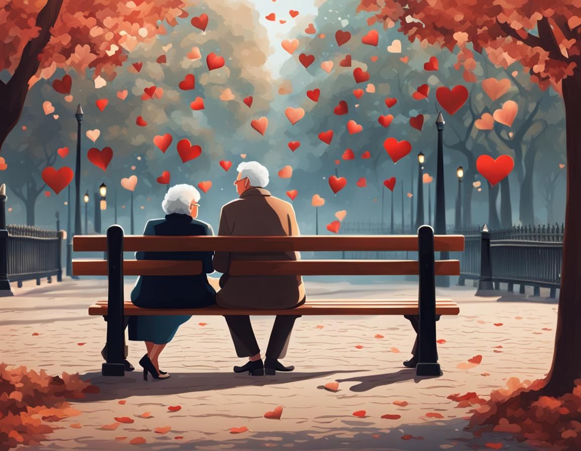 Elderly Couple in Love on Park Bench