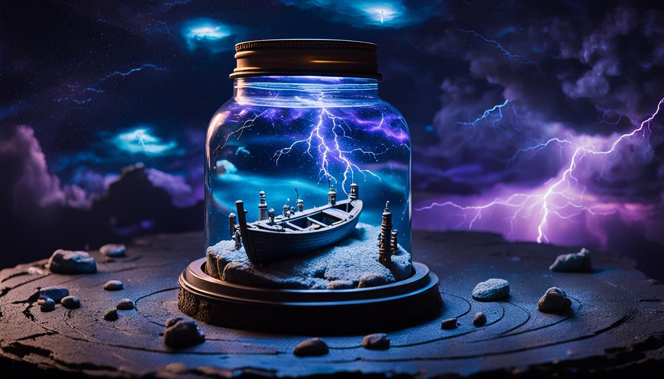Time Traveler's Boat in Lightning Storm: Surreal Diorama