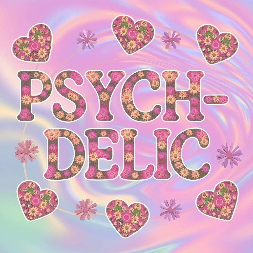 Text that says PSYCHEDELIC written in '70s style letters, ma...
