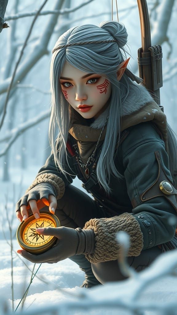 Ethereal Asian Elf Huntress in Winter Wonderland