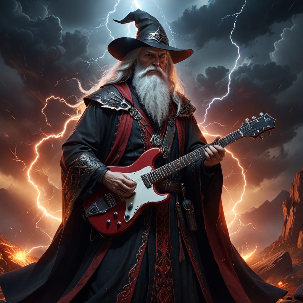 Wizard with Red Guitar Amidst Lightning Storm