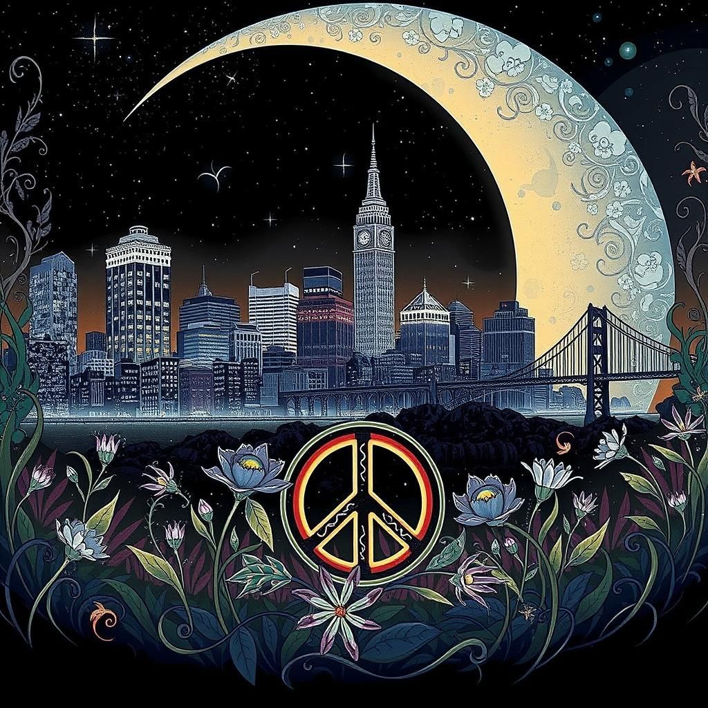 Whimsical San Francisco Cityscape with Floral Moon