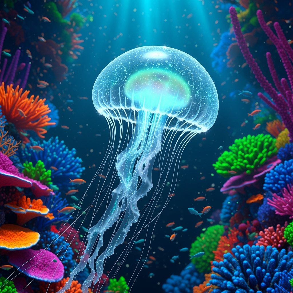 Bioluminescent Jellyfish in Coral Forest: Photorealistic