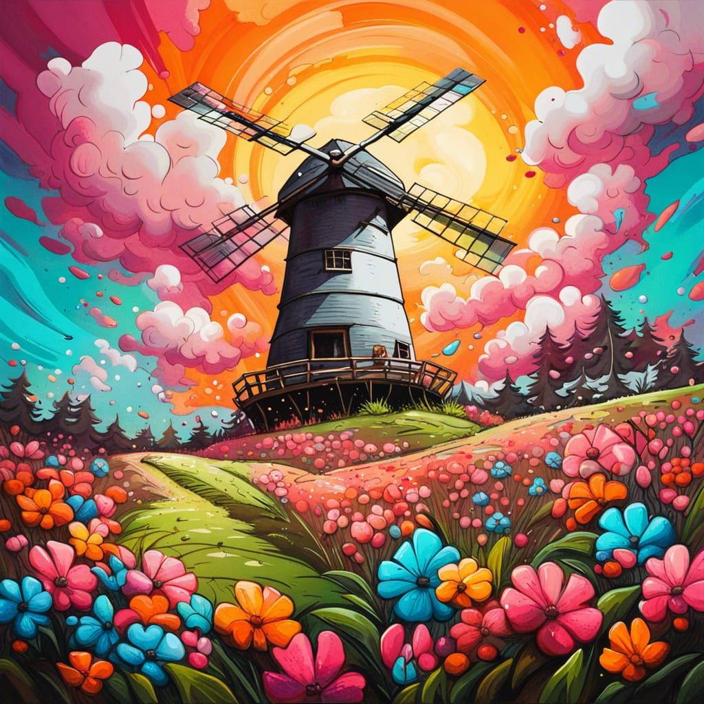 Windmill and Bunnies in Graffiti Flower Field