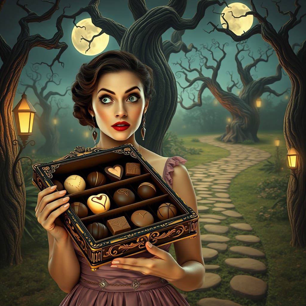 Surrealist Garden Scene with Glowing Chocolates