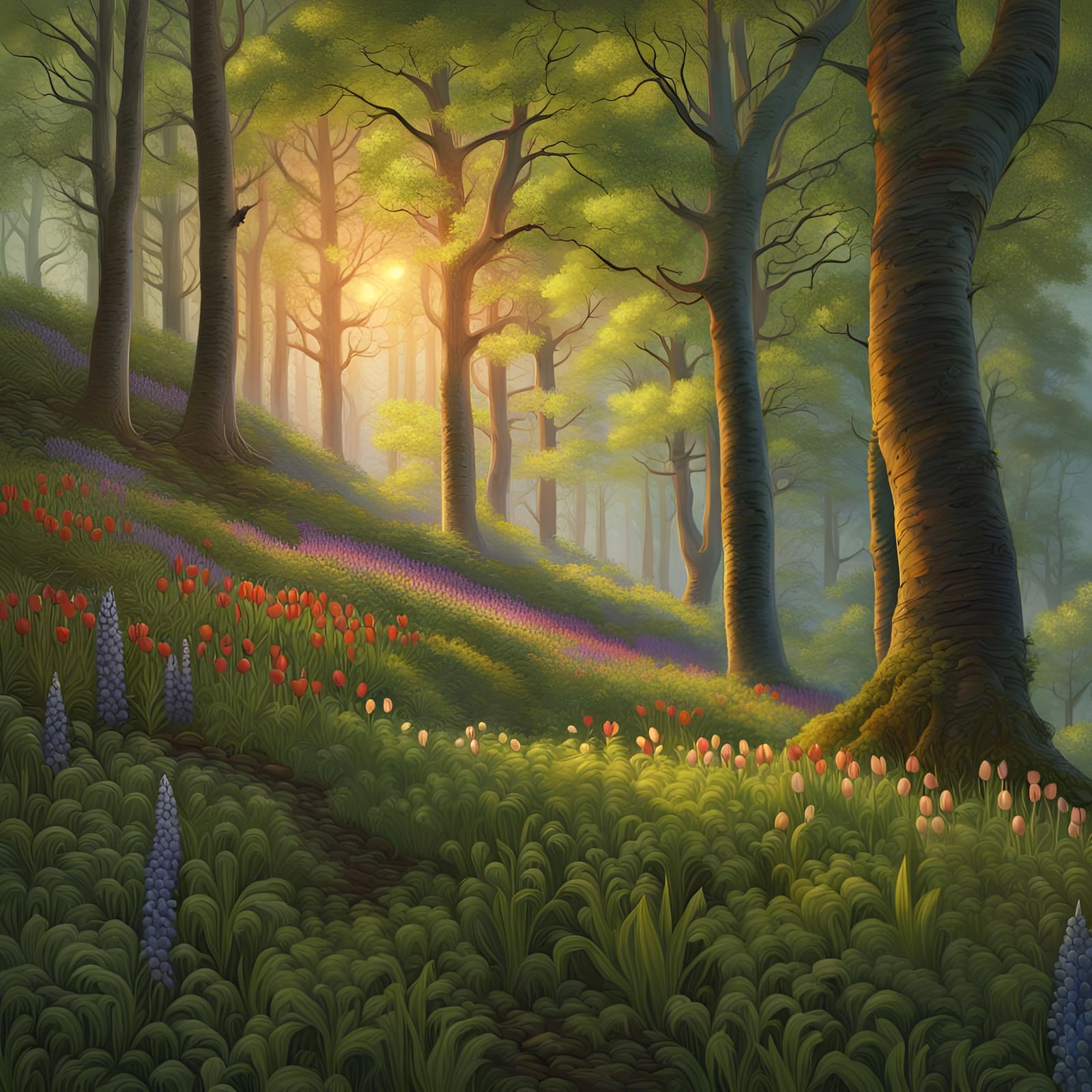 Lush Beech-Forest Sunrise: Detailed Oil Painting