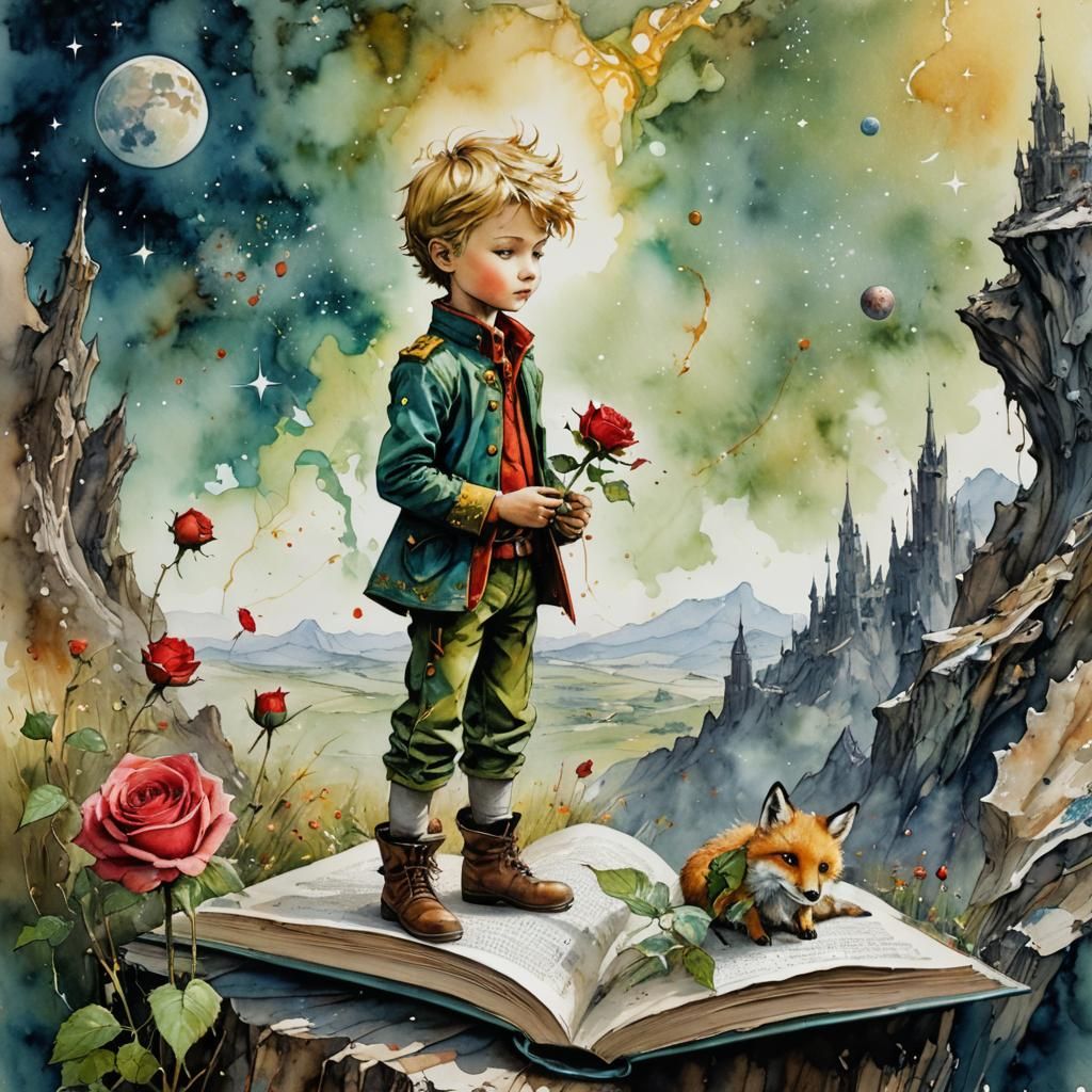 The Little Prince Asteroid Scene in Watercolor