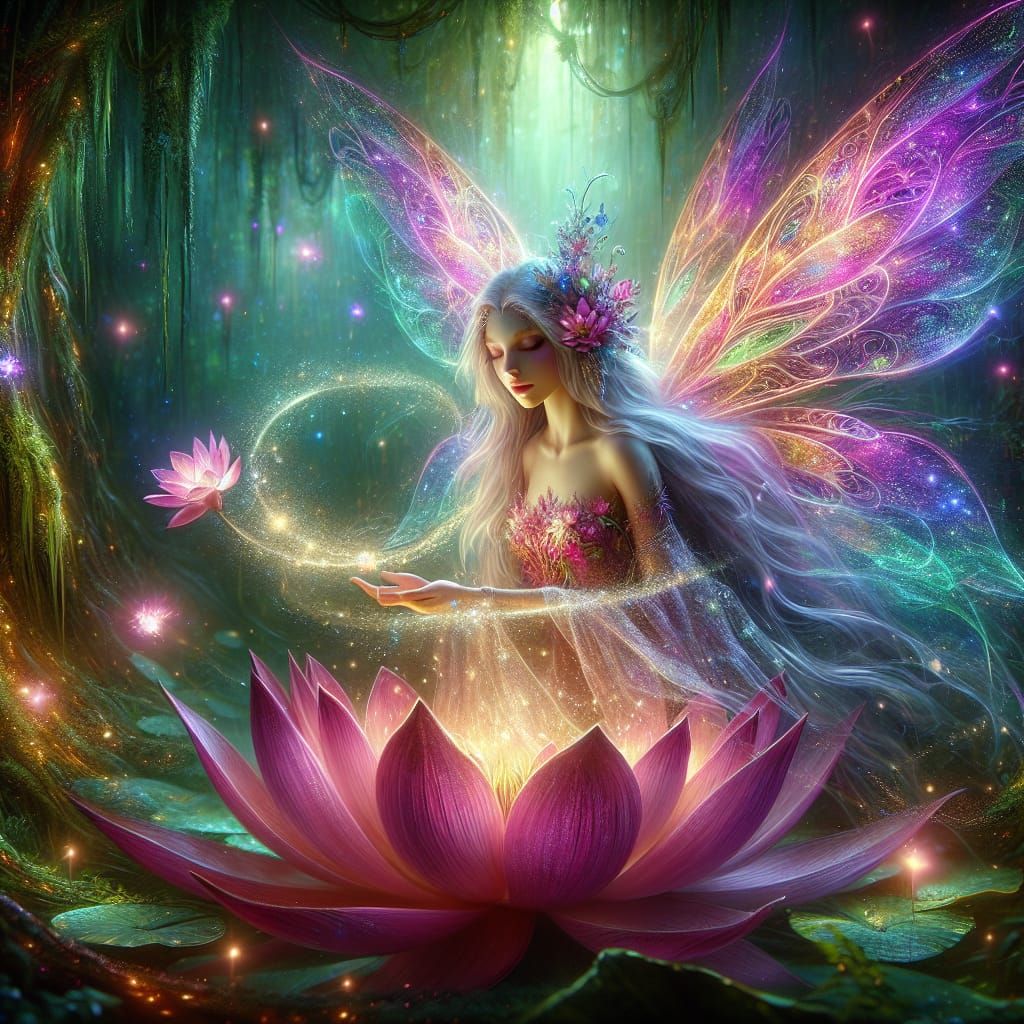A vibrant and ethereal scene of a delicate, radiant fairy be...