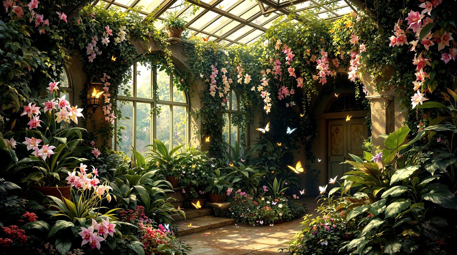 Enchanted Conservatory in Pre-Raphaelite Style
