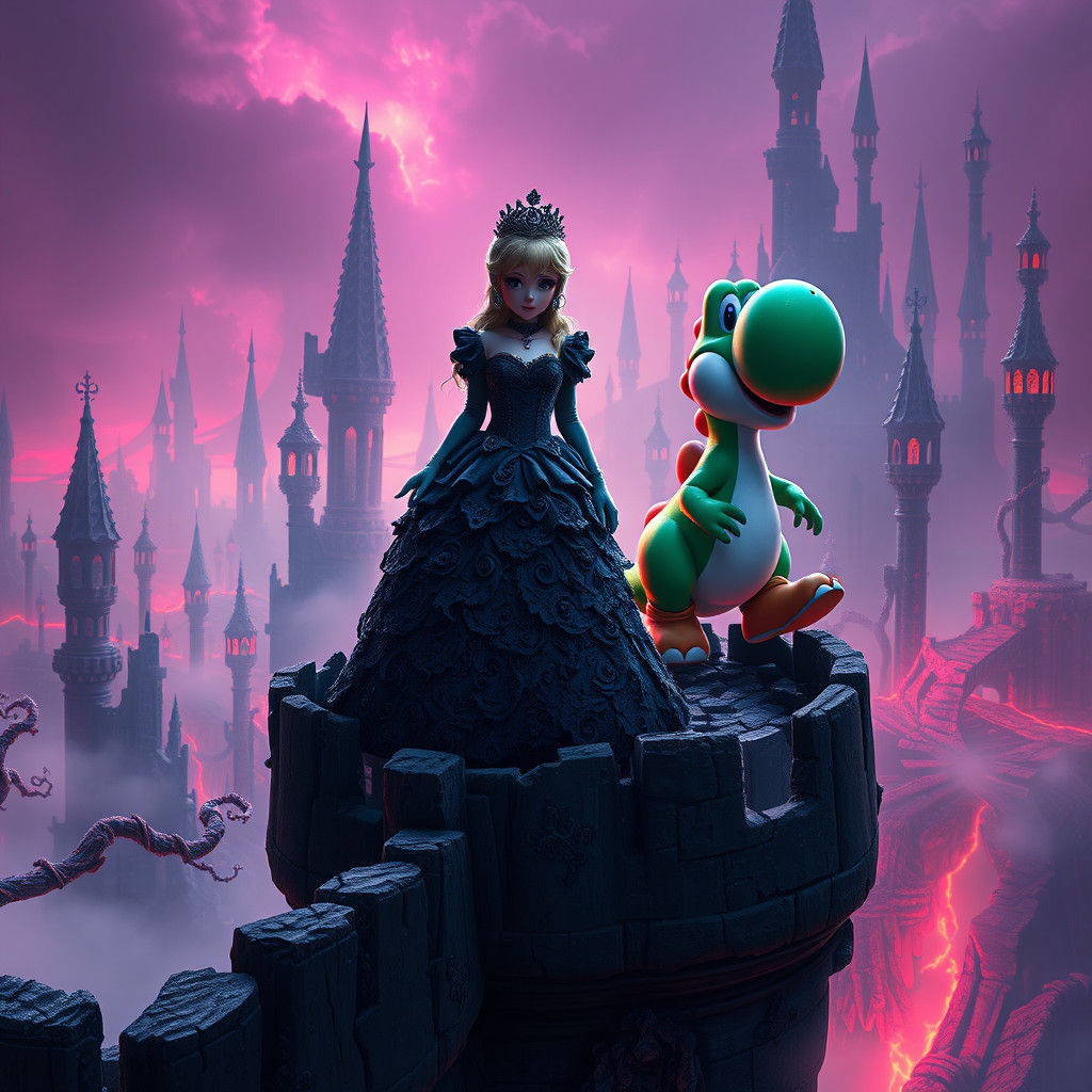 Dark Fantasy Princess Peach and Yoshi Illustration