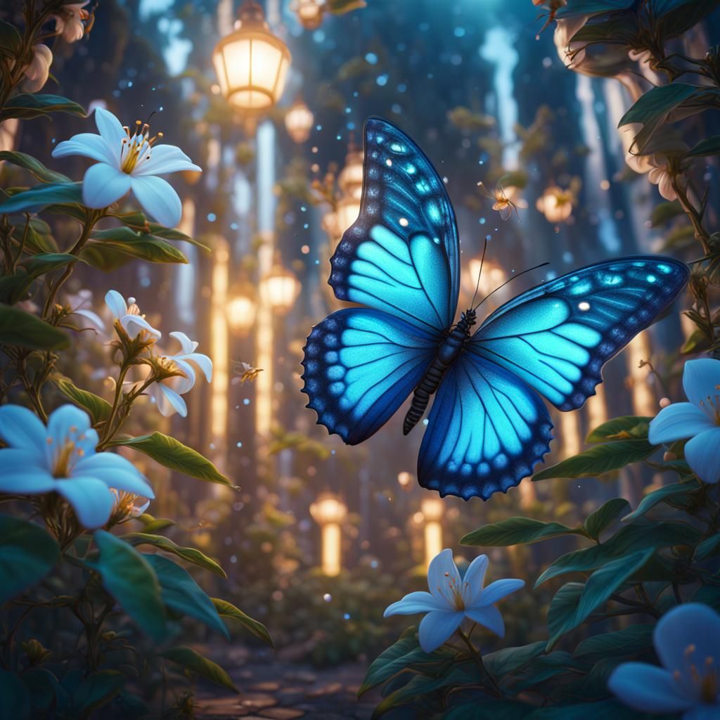 Neon Blue Butterfly in Jasmine Garden
