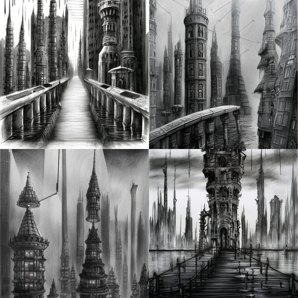 Futuristic Gothic City Charcoal Drawing