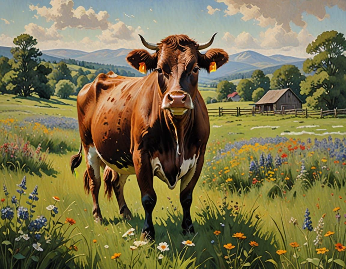 Serene Brown Cow in a Lush Green Meadow