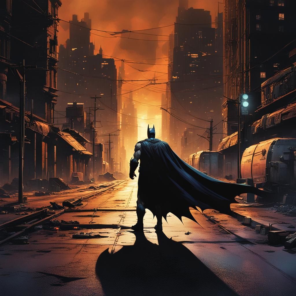 Batman Confronts Tanks in a Dark Cityscape
