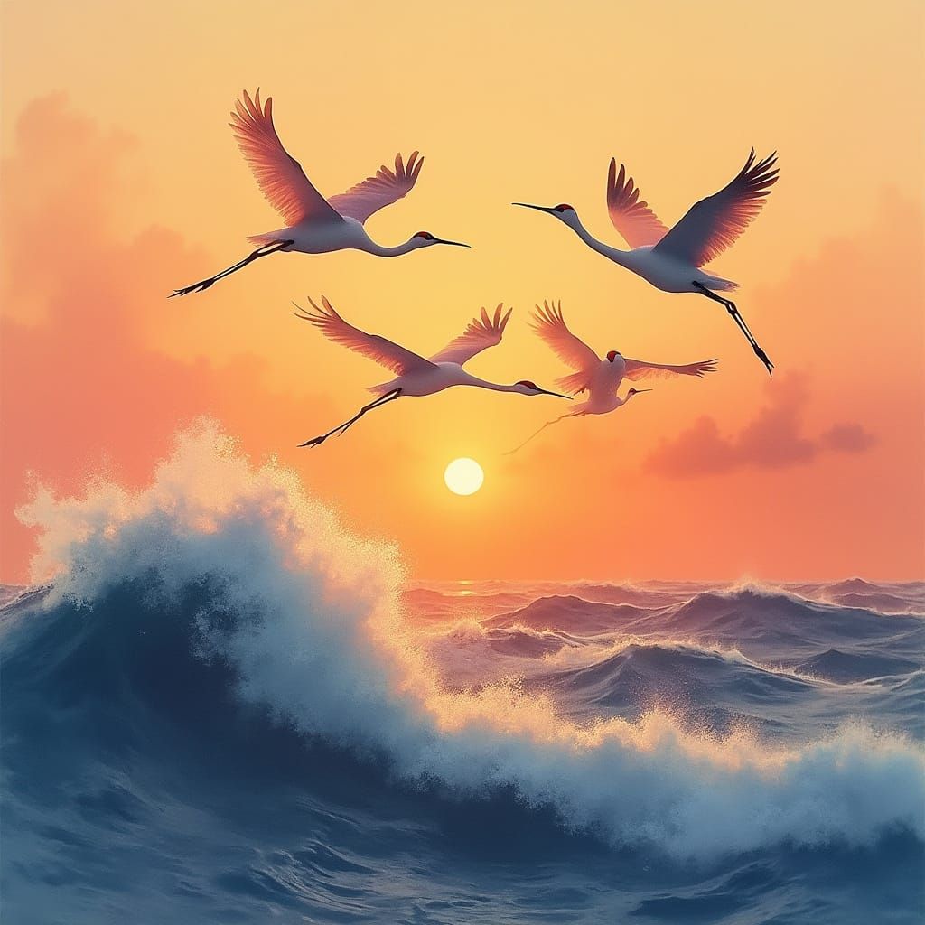 Cranes Soar Over Waves at Sunset in Painterly Style