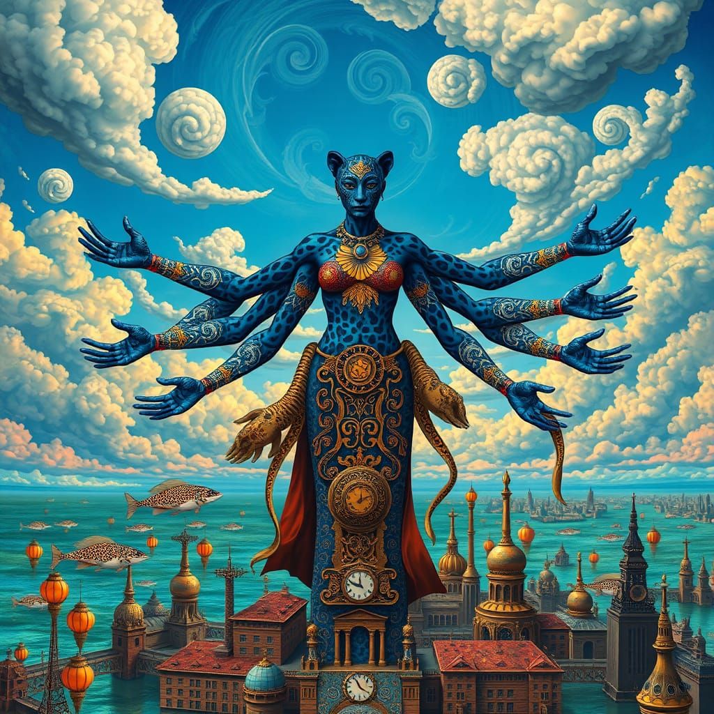 Surreal Six-Armed Leopard Woman in Steampunk Metropolis