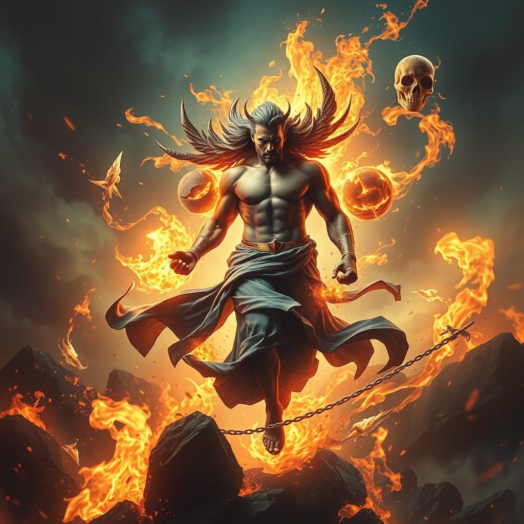 Epic Digital Painting of a Powerful Figure in a Fiery, Atmos...