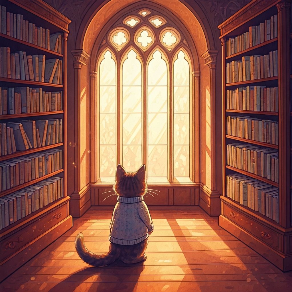Kitten Exploring Library in Watercolor Style