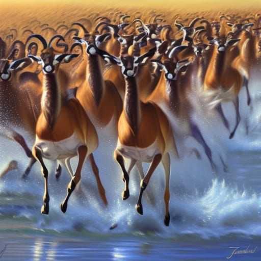 Gazelle Stampede Under African Sun as Oil Painting