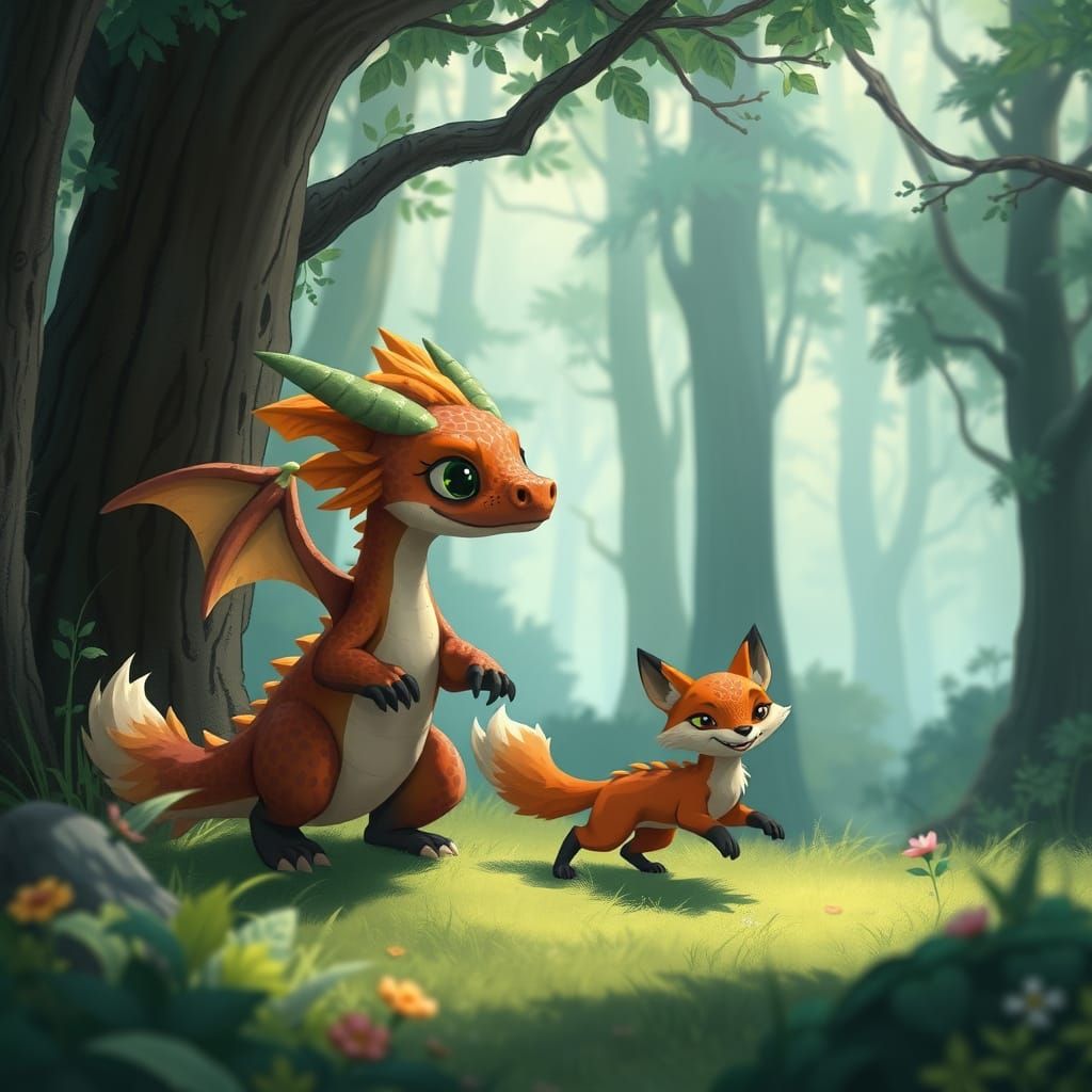Cute Dragon Chases Fox in Whimsical Forest Landscape