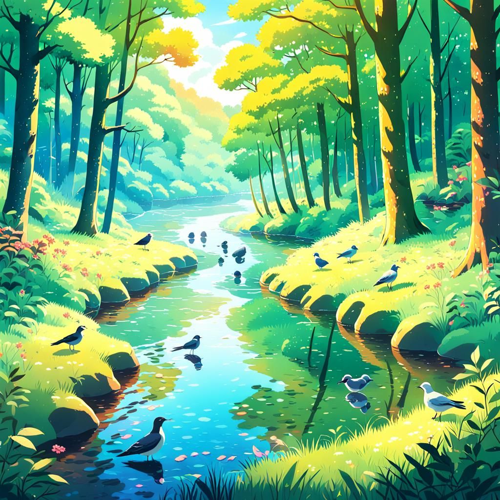 Animals Gather in Colorful Anime Forest by River