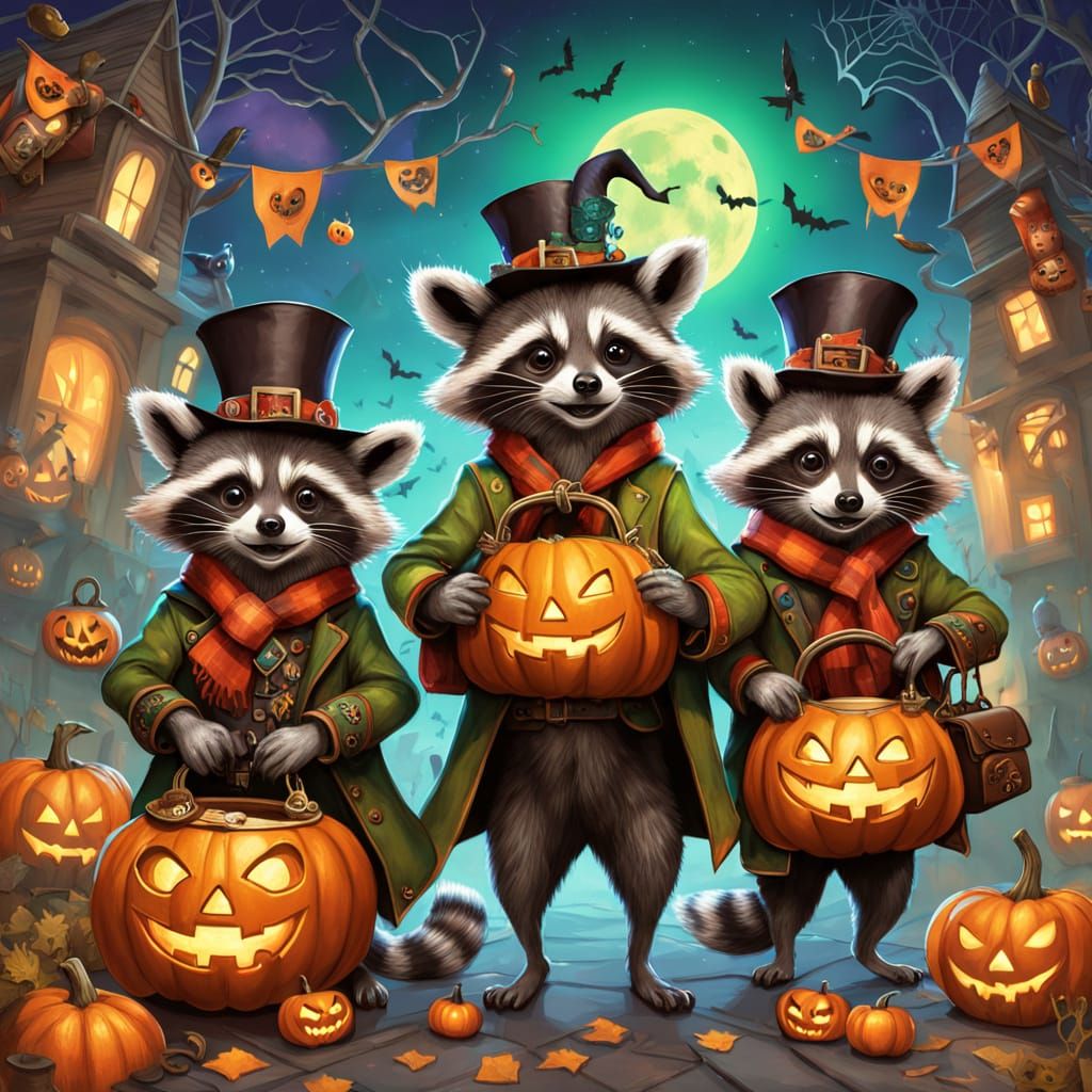 Steampunk Raccoons at Halloween Party Digital Painting
