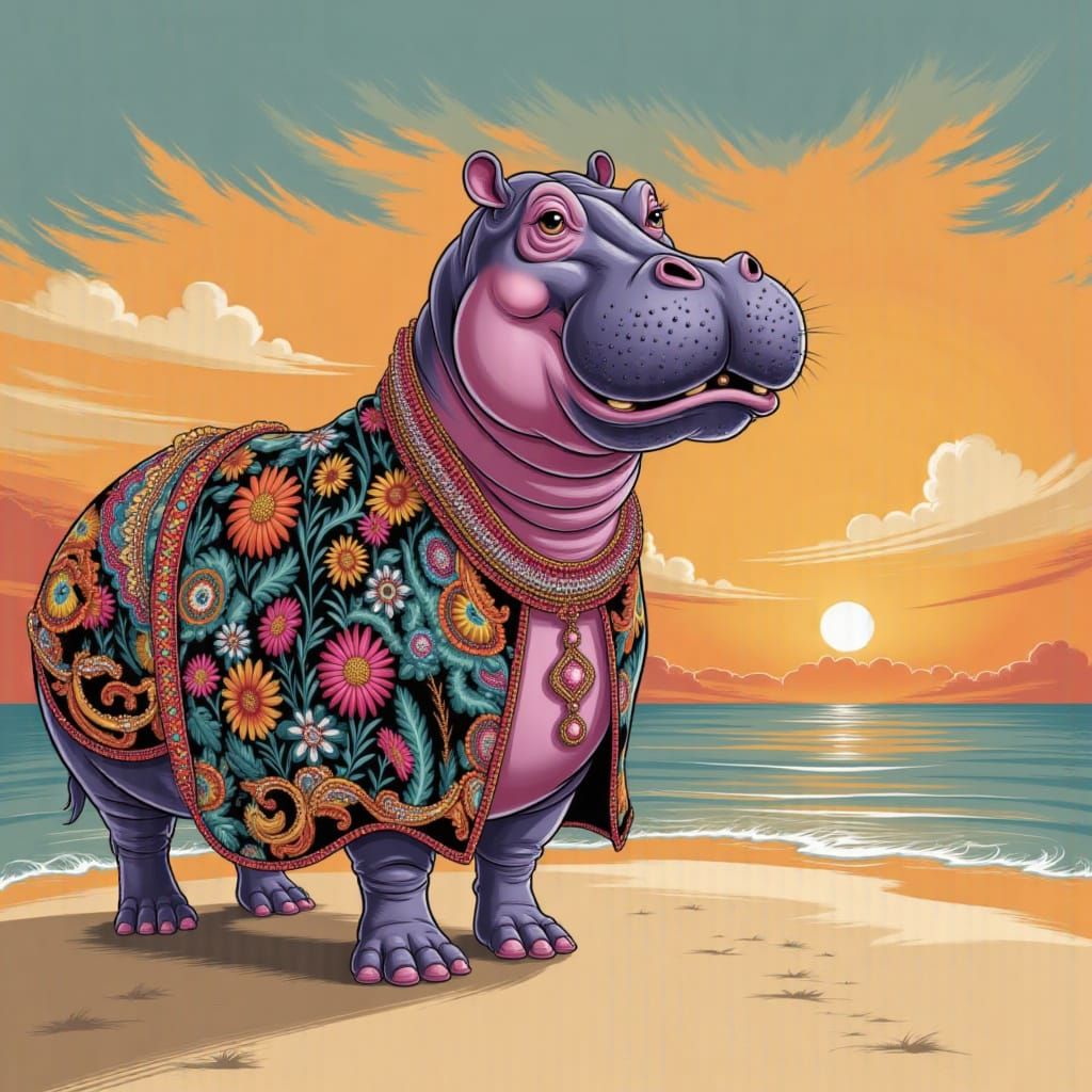 Hippo in Kaftan: Rousseau-esque Gouache Painting