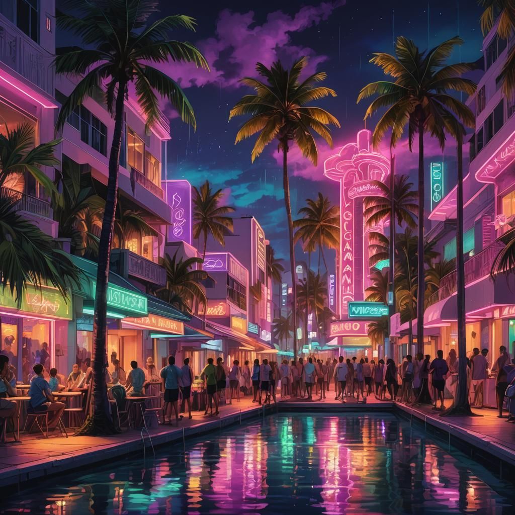 Miami Beach at Night in a Glowing Futuristic Utopia