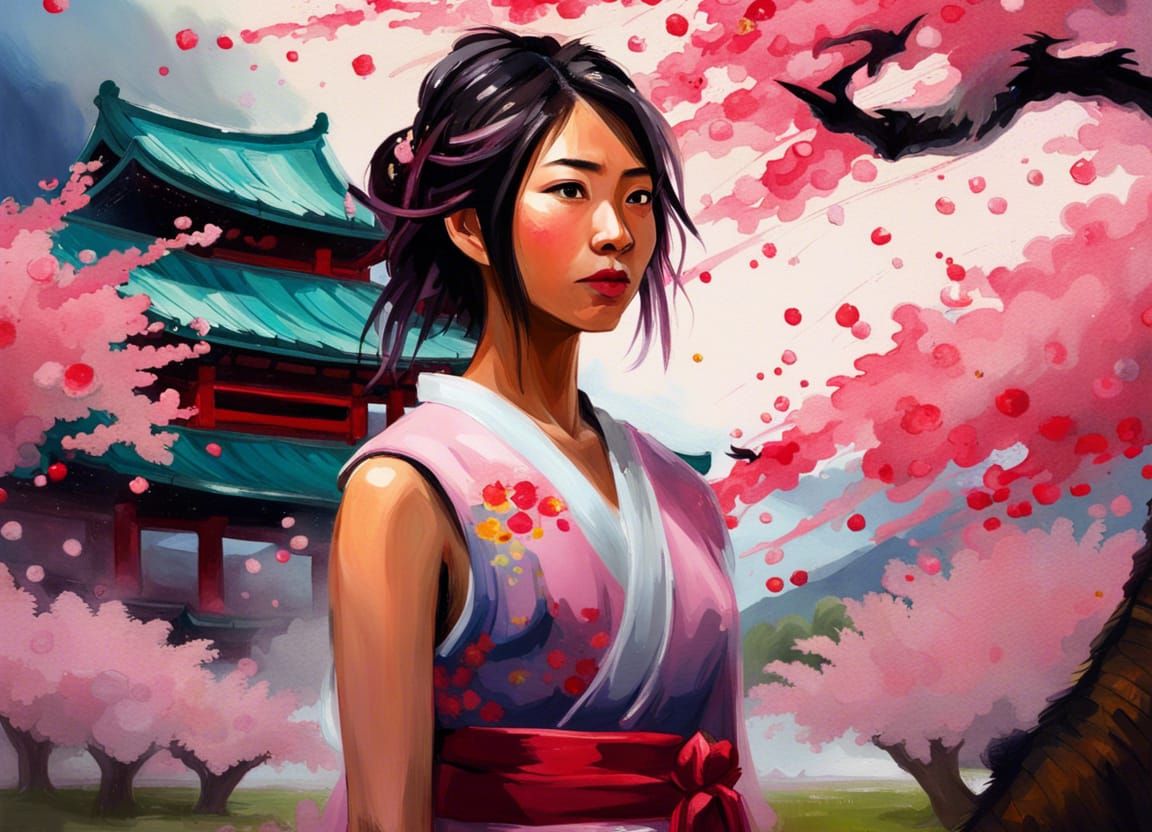 Japanese Woman and Dragon in Cherry Blossoms