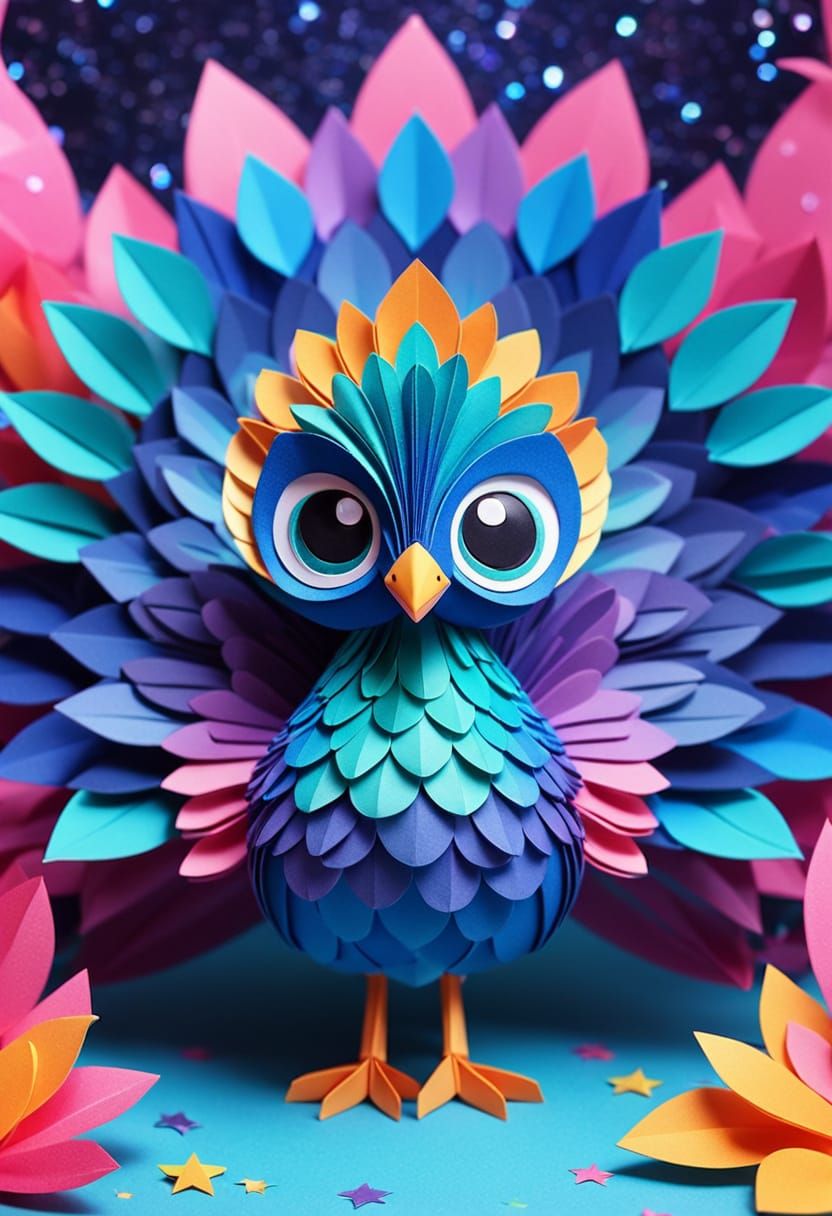 Cosmic Origami Peacock with Large Eyes