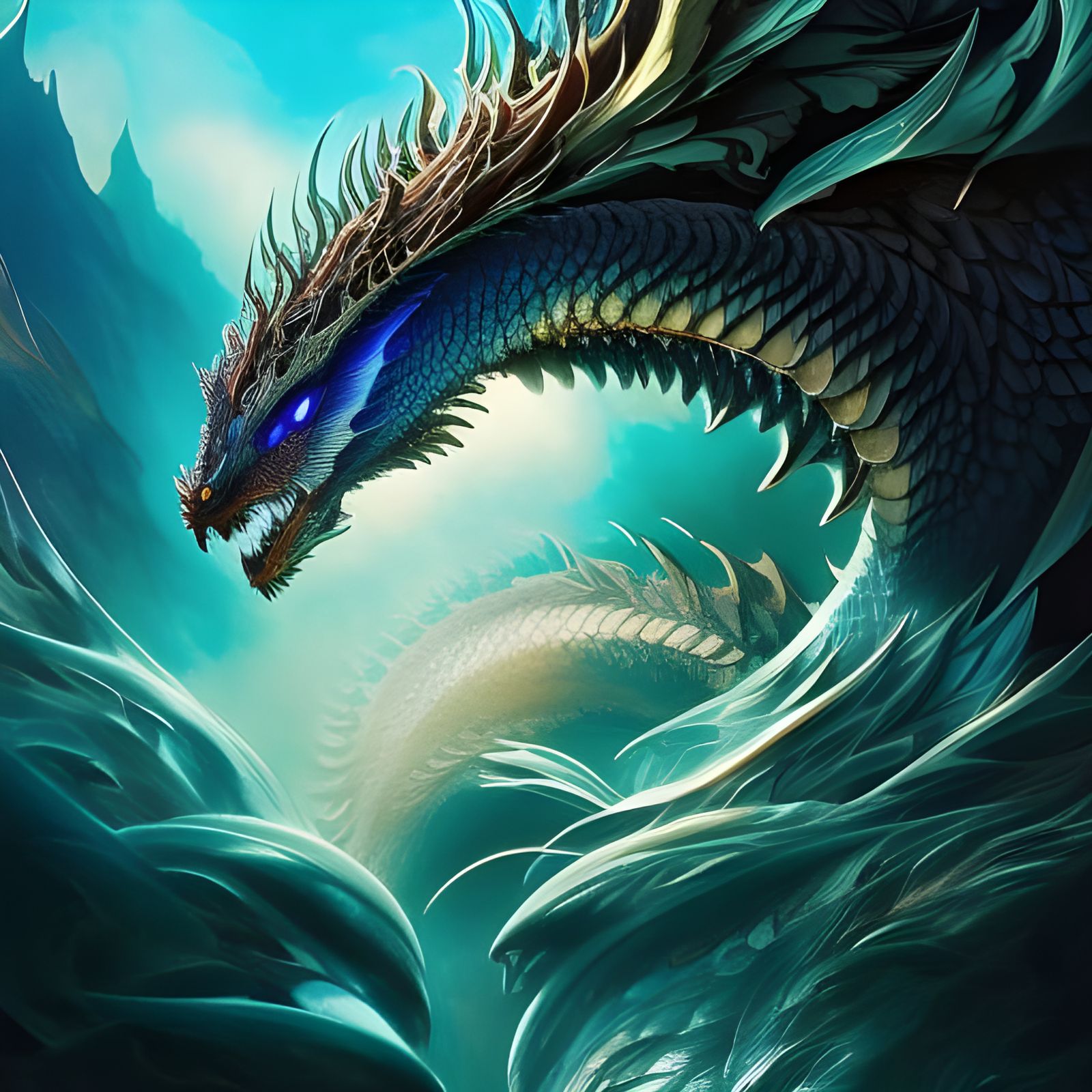Chibi Teal Dragon Portrait in Detailed Gouache Style