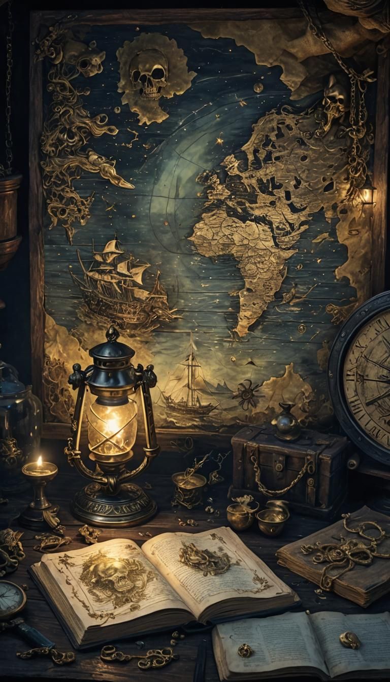 Mystical Bioluminescent Pirate Ship with Gold Treasure