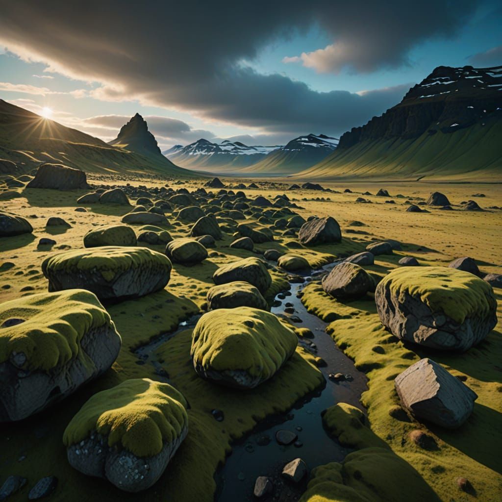 Mystical Iceland Landscape with Giant Boulders and Northern ...