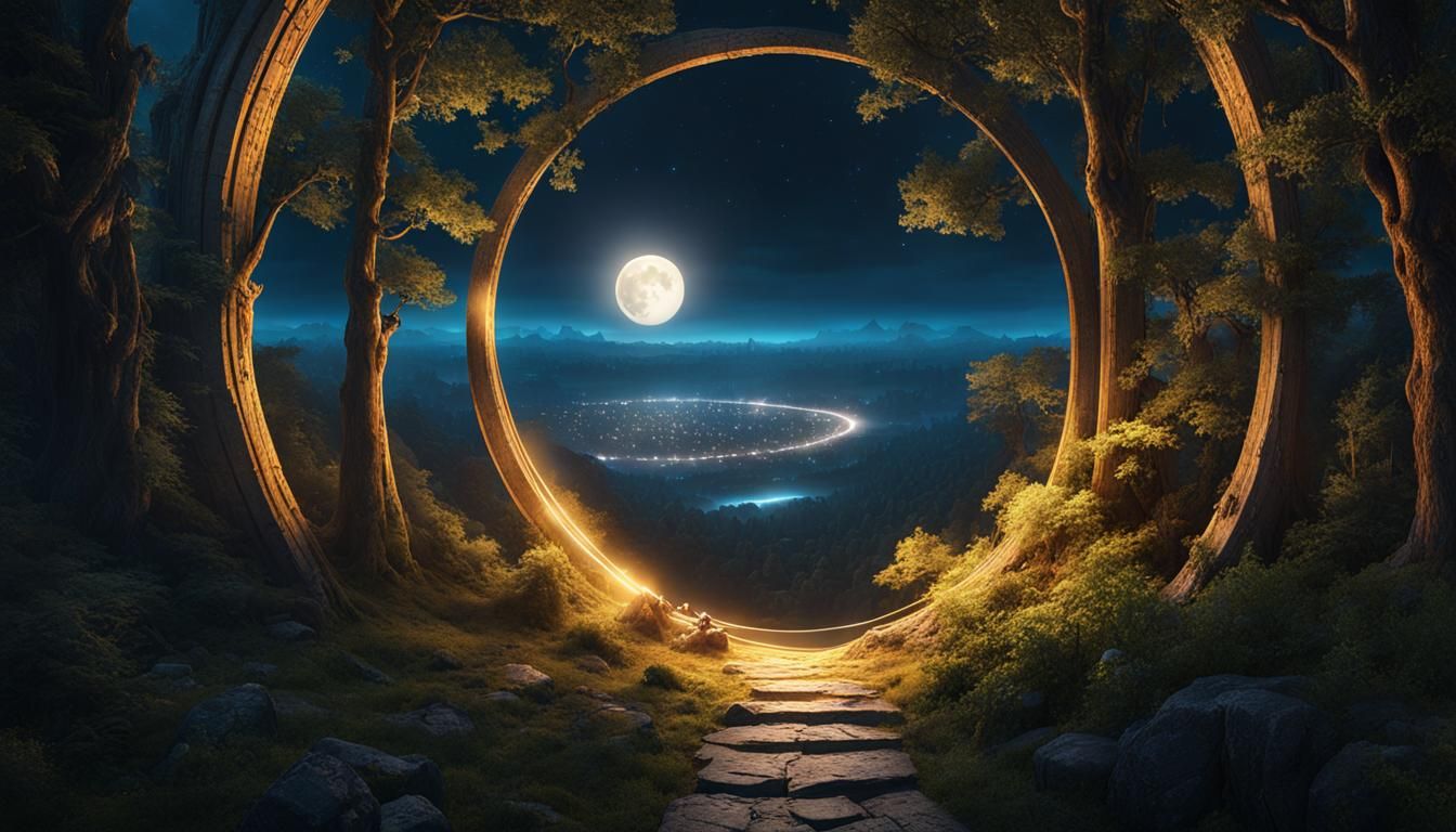 Celestial Cat Reaching for a Portal in Ancient Forest