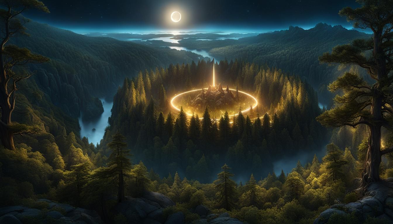 Celestial Cat Reaches for Portal in Ancient Forest