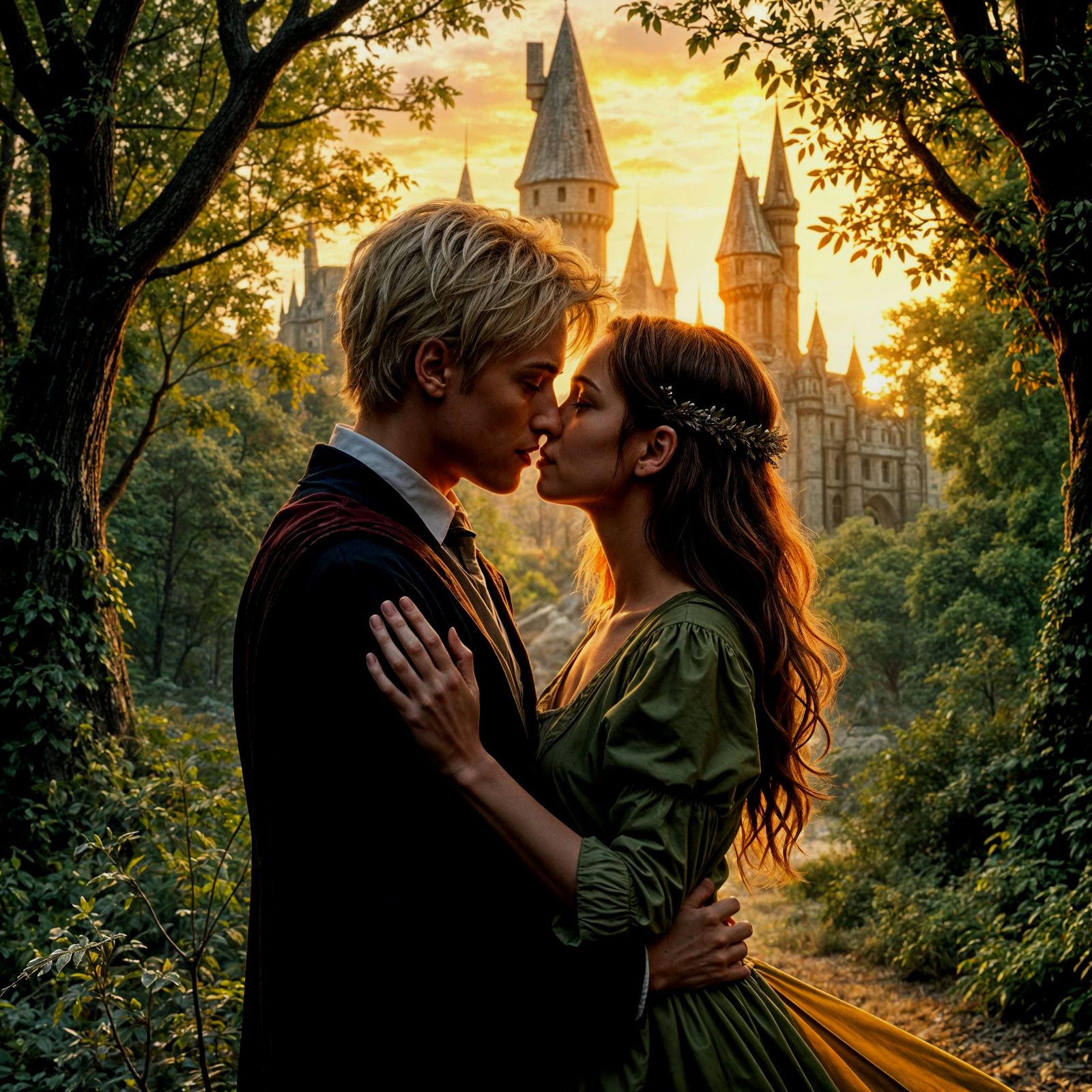 Elegant Fantasy Couple at Sunset in Enchanted Forest
