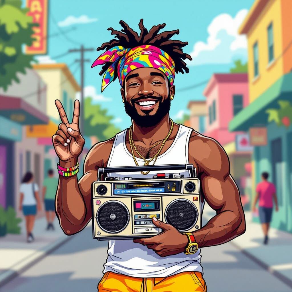 Man with Boombox in Cartoon Street Art Style