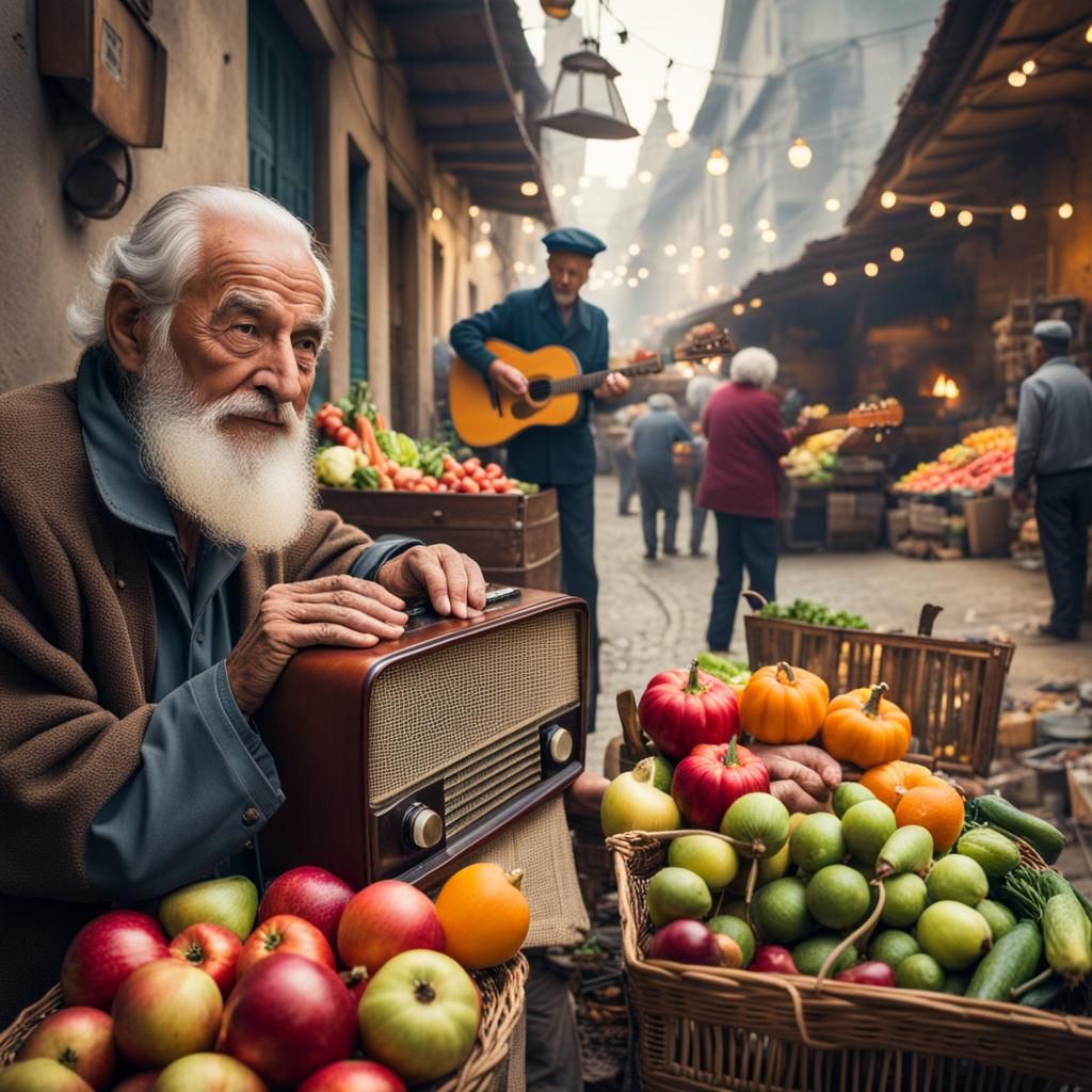 Vibrant Market Scene with Seller and Cultural Elements