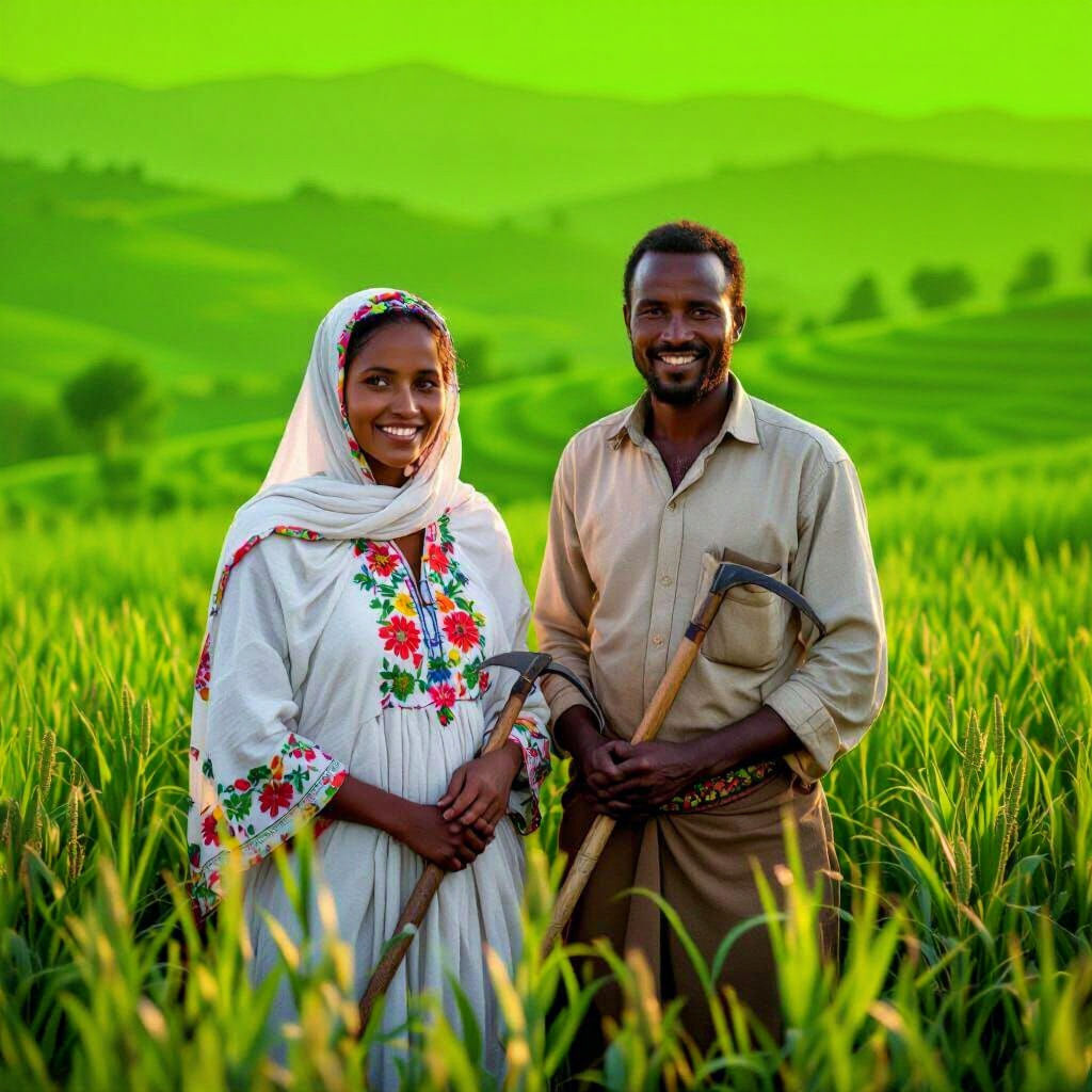 Ethiopian Farmers in Teff Field at Sunrise