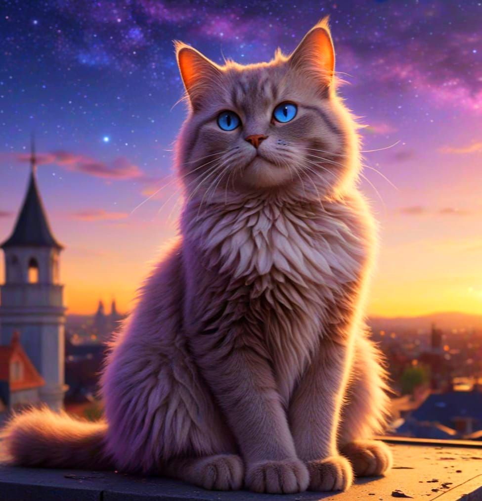 Surreal Violet Cat Surveys Mystical Galactic Rooftop