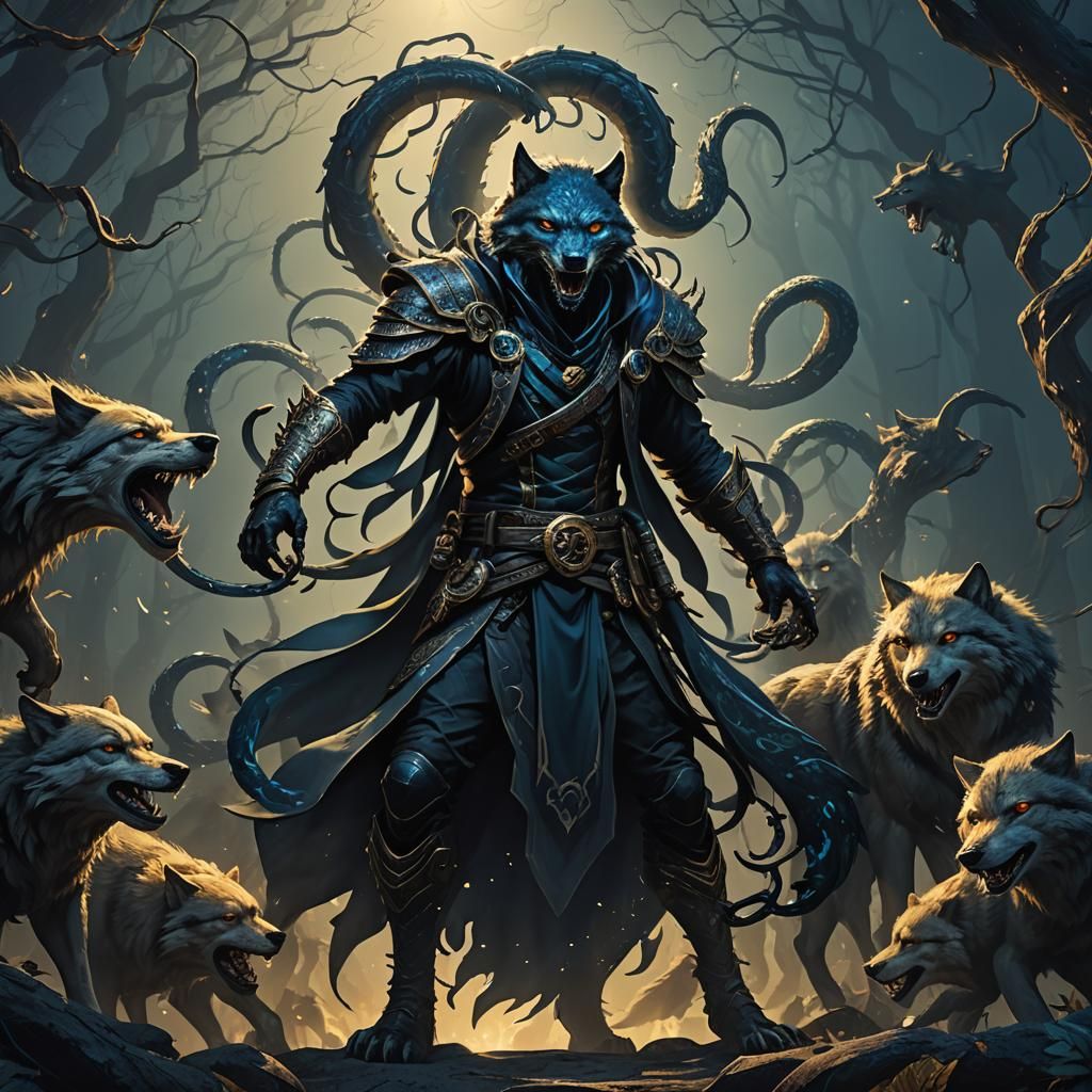 Serpent Assassin Surrounded by Wolves: Fantasy Art