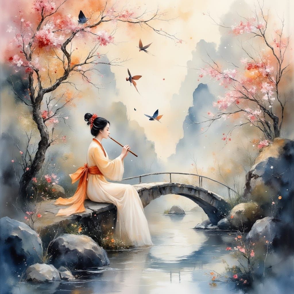 Ethereal Chinese Flute Player in Ethereal Landscape