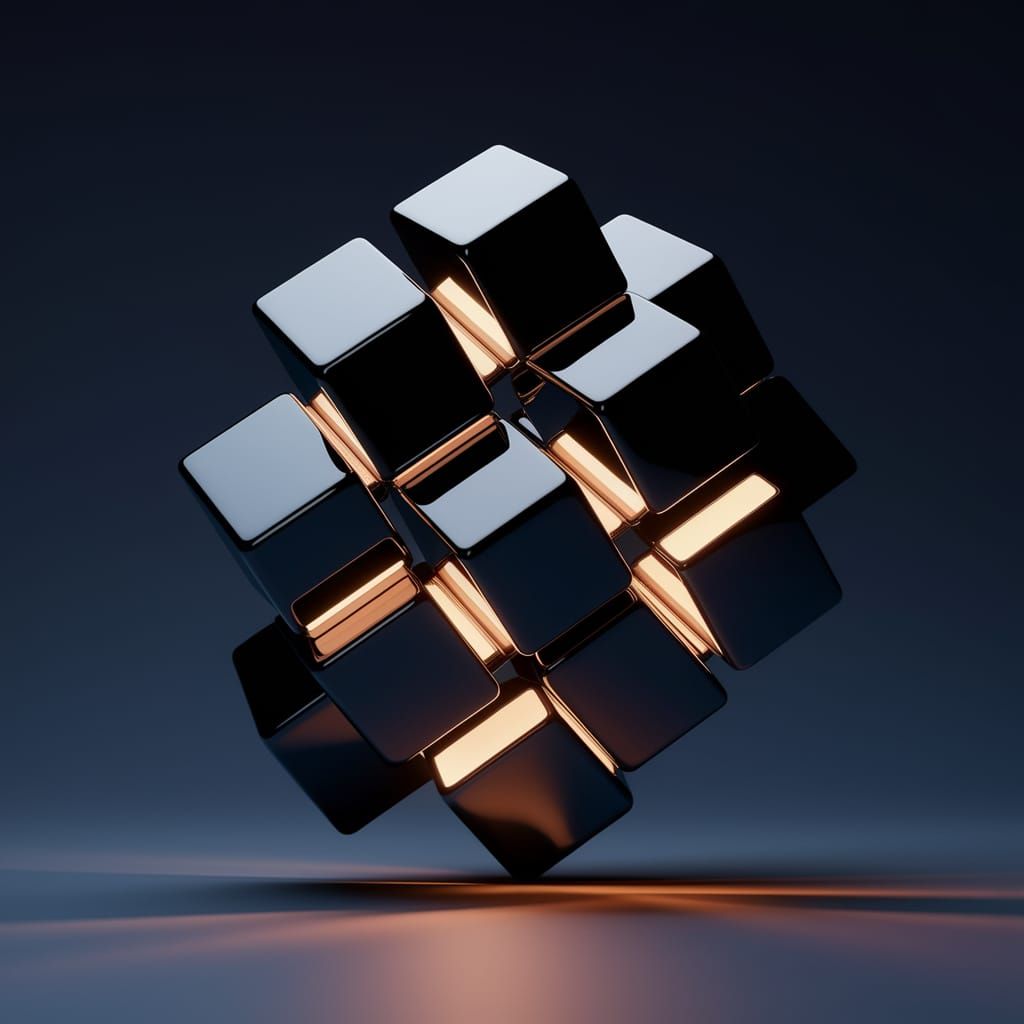 Geometric Cluster of Illuminated Cubes in Futuristic Metalli...