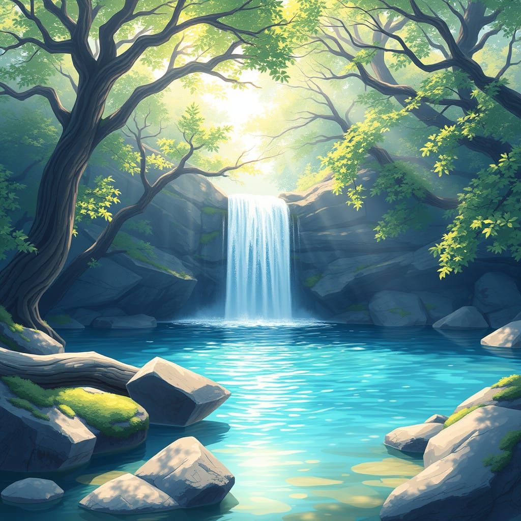 Surreal Waterfall Oasis in Pastel Anime Style