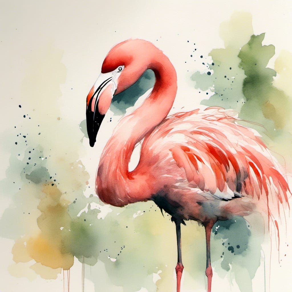 Minimalist Watercolor Flamingo Portrait at Lakeside