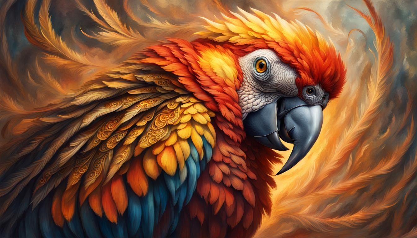 Fantasy Fire Parrot Portrait with Ornate Flame Details